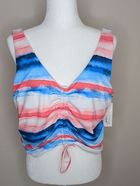 Peyton & Parker Striped Ruched V-Neck Tankini Top in Coral, Blue & White Size XL